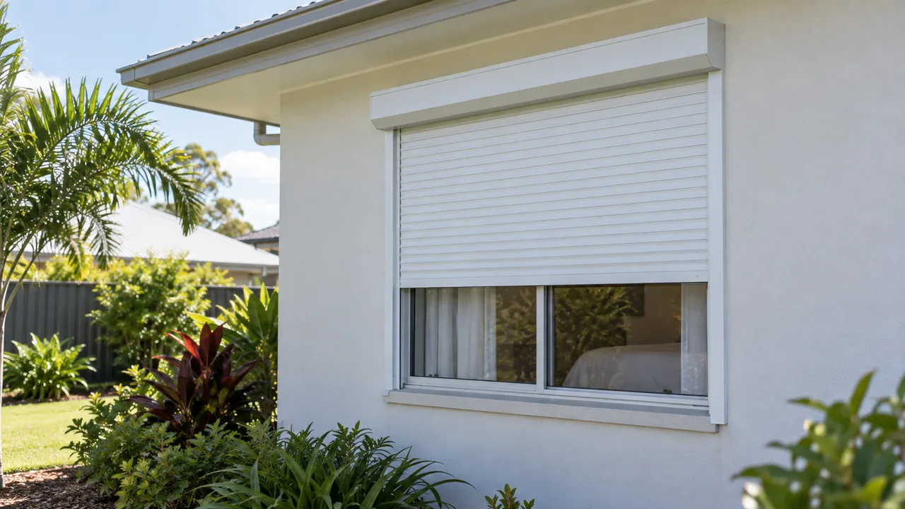 Illustrative white exterior roller shutter partly lowered over a bedroom window