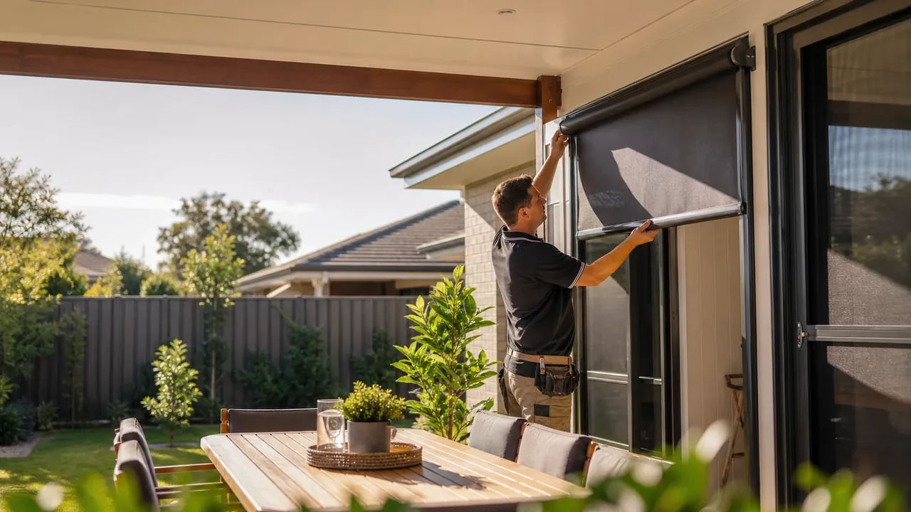 Illustrative patio blind with side guides and a person holding the bottom bar